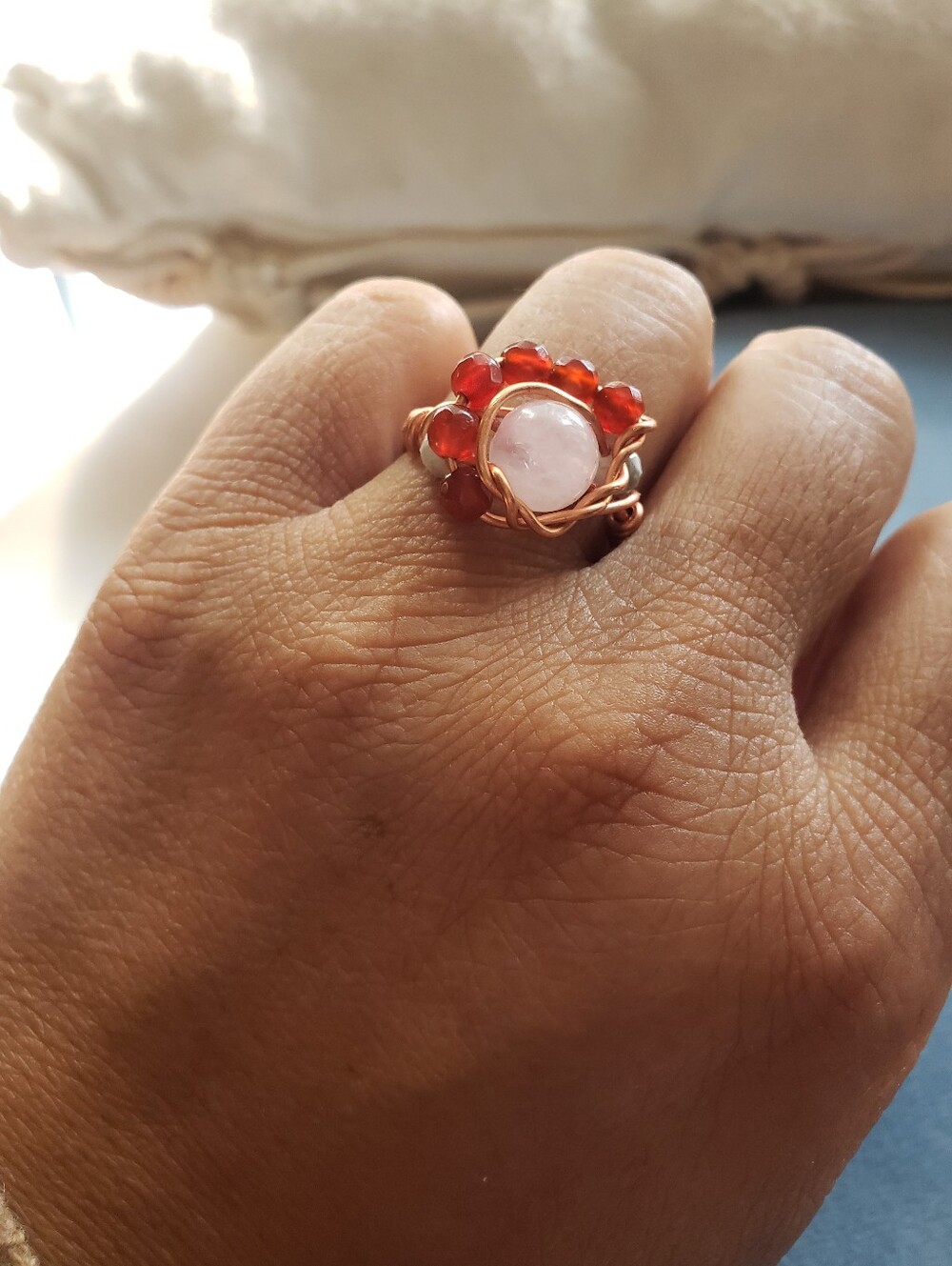 New Copper Wire-Wrapped Rose Quartz and Carnelian Ring Size 8